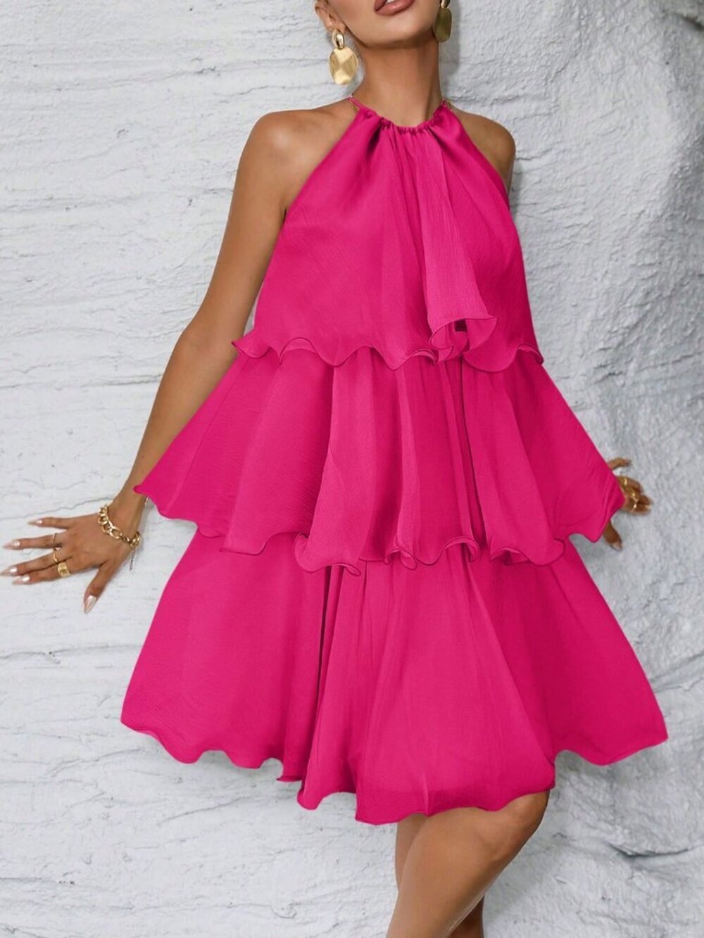 Hot Pink Casual Women's ruffled tiered haltered mini Dress - Picture 2 of 5